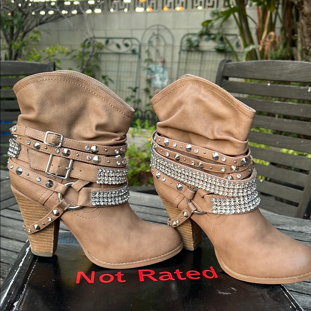 Not Rated Tan Heeled Boots with Studded Straps
